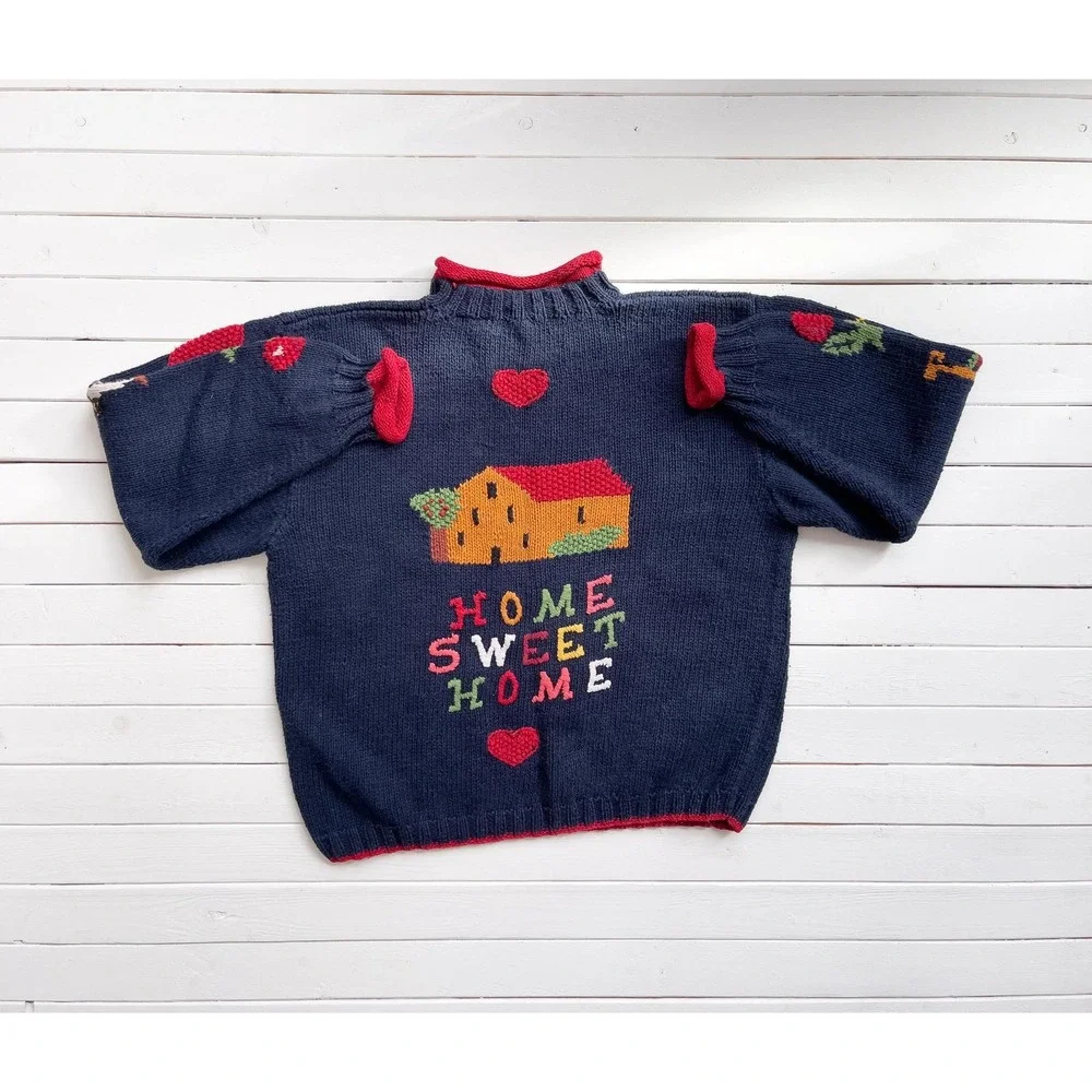 vtg Heirlooms navy blue turtleneck Americana farm country hand knit sweater‎